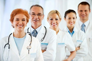 Smiling diverse medical team.
